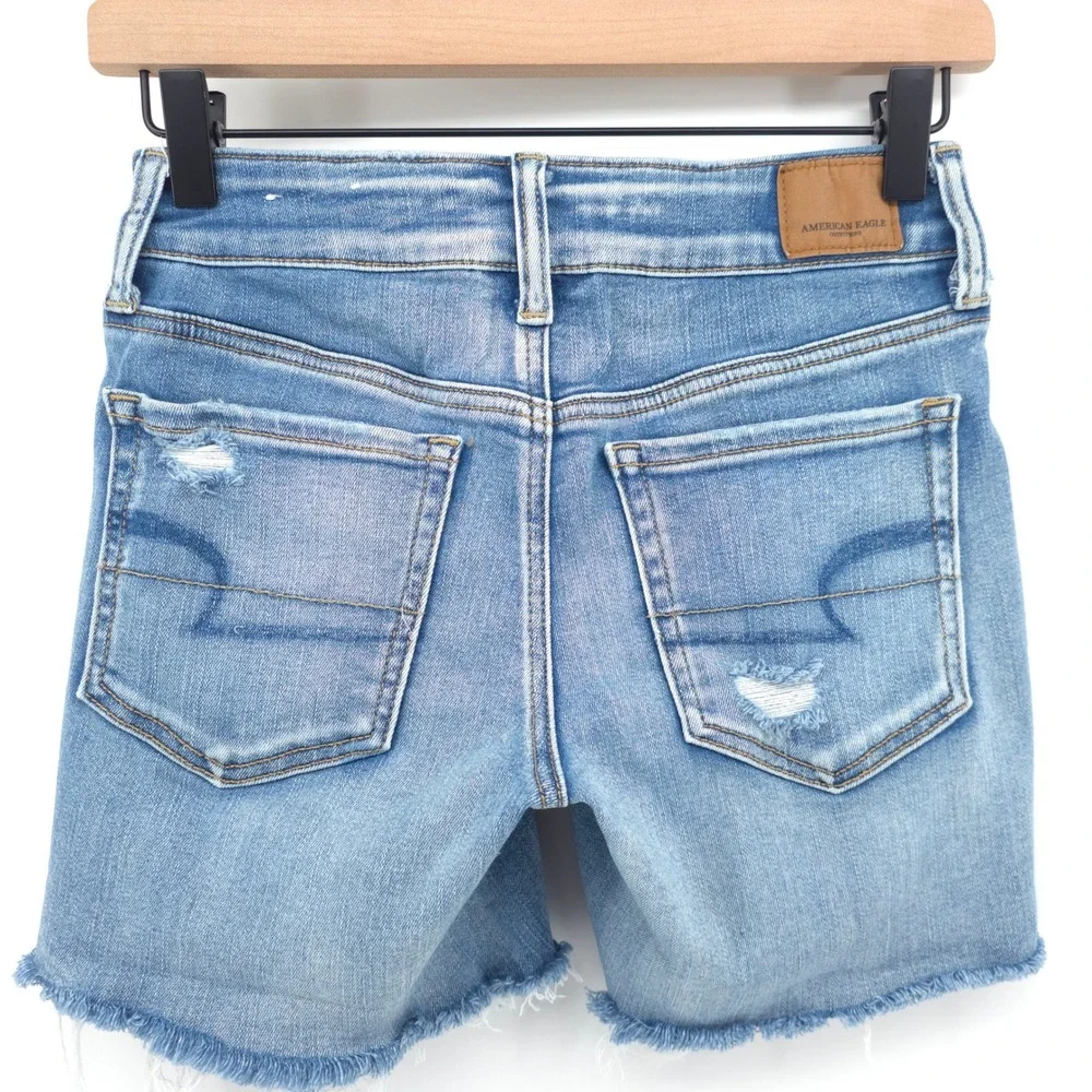 American Eagle‎ Womens Denim Midi Shorts 4 Blue Distressed Raw Hem Cutoff